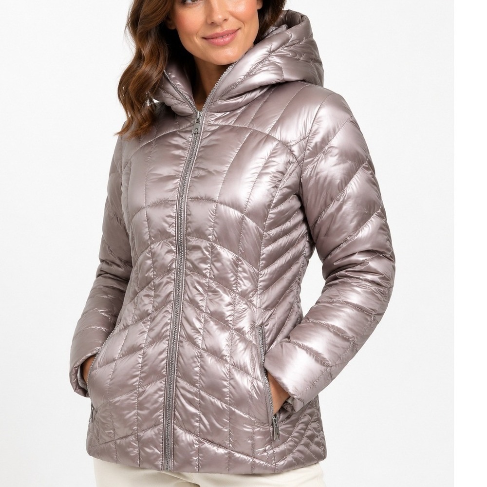 Karl Lagerfeld Paris Women's Metallic Blush Puffer Jacket S Quilted Hooded Coat